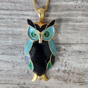 Vintage Owl Blue Pendant Necklace With Gold Plated Chain & Enamel Detail